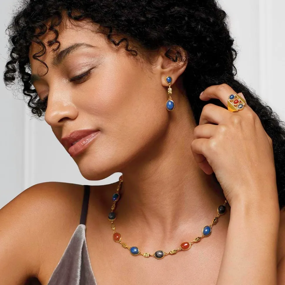 Ancient Gems Multistone Statement Necklace And Triple-Drop Lapis Earrings Set