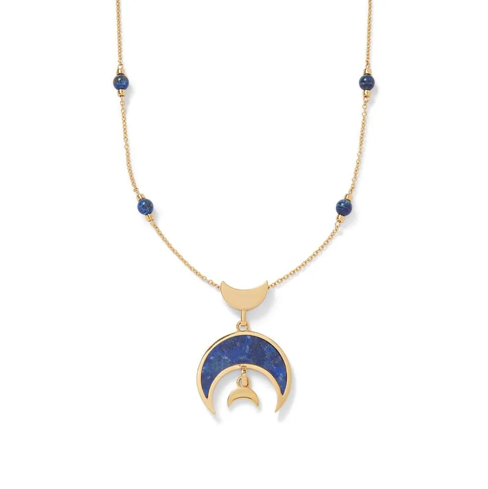 Fatimid Lapis Crescent Long Beaded Chain Pendant Necklace