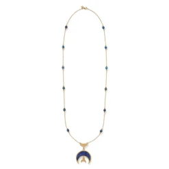 Fatimid Lapis Crescent Long Beaded Chain Pendant Necklace