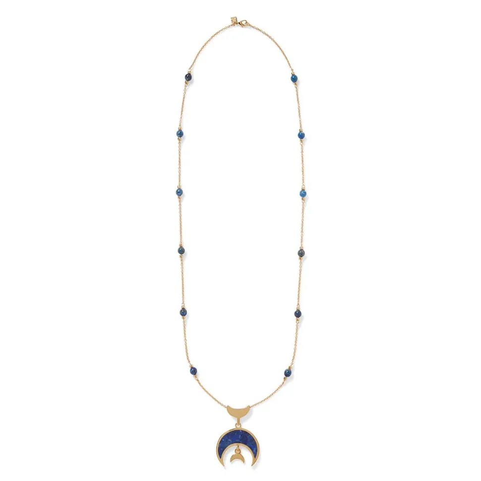 Fatimid Lapis Crescent Long Beaded Chain Pendant Necklace