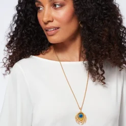 Gilded Age Peacock Feather Large Pendant Necklace