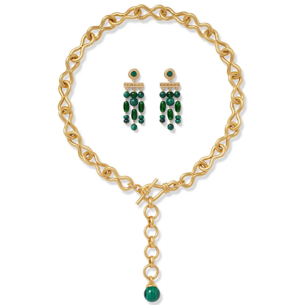 Roman Malachite Statement Necklace And Chandelier Earrings Set